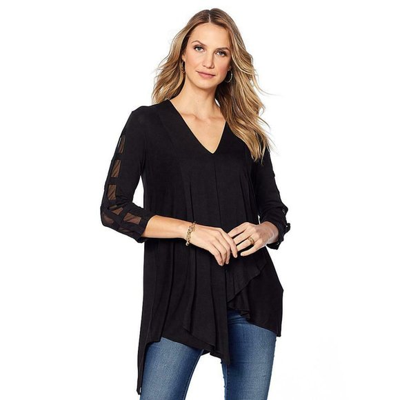 Rhonda Shear Tops - Rhonda Shear Mesh Sleeve Window Pane Top - Black